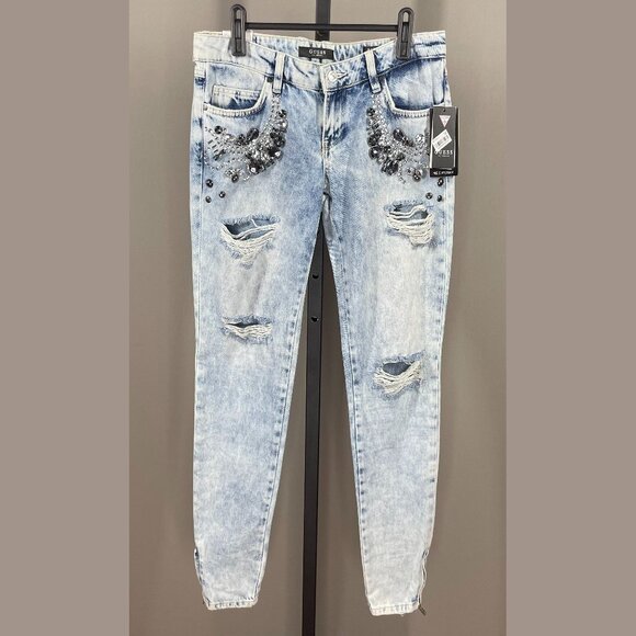 NEW Guess Jeans Womens 26 blue denim skinny marilyn distressed gem casual glam - Picture 1 of 11